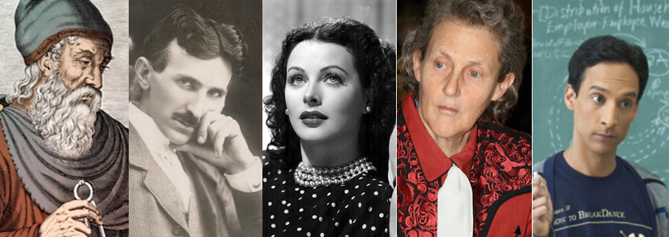 An image of Archimedes, Hedy Lamarr, Temple Grandin, Nikolai Tesla, Abed Nadir